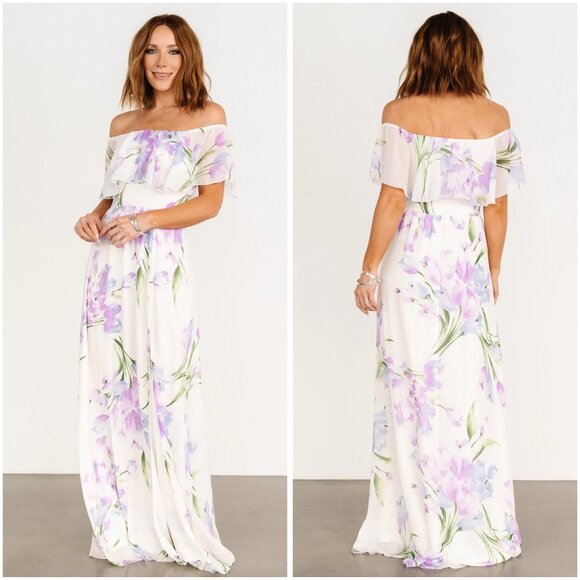 Baltic Born Off Shoulder Ivory Lavender Floral Maxi Dress Daphne Size XL NWOT - Picture 1 of 9